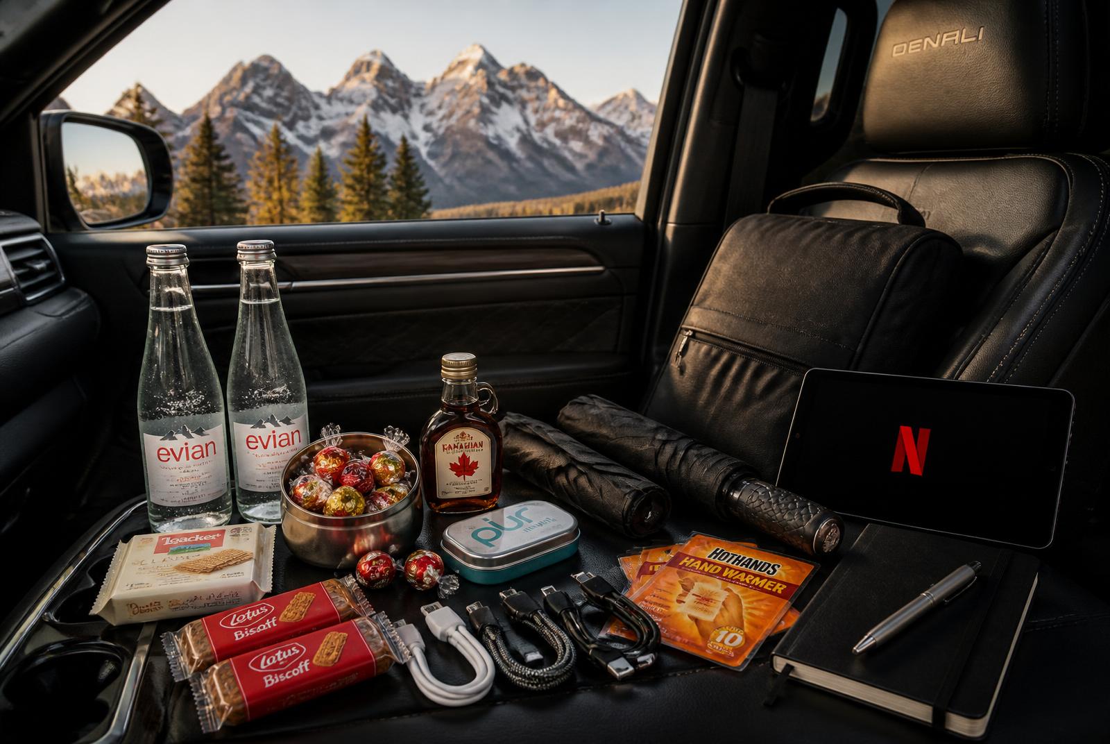 A selection of complimentary in-vehicle amenities — Evian water, Lindt Lindor chocolates, Loacker wafers, Biscoff cookies, Pur mints, Canadian maple syrup, and a folded umbrella — arranged against the Banff mountains